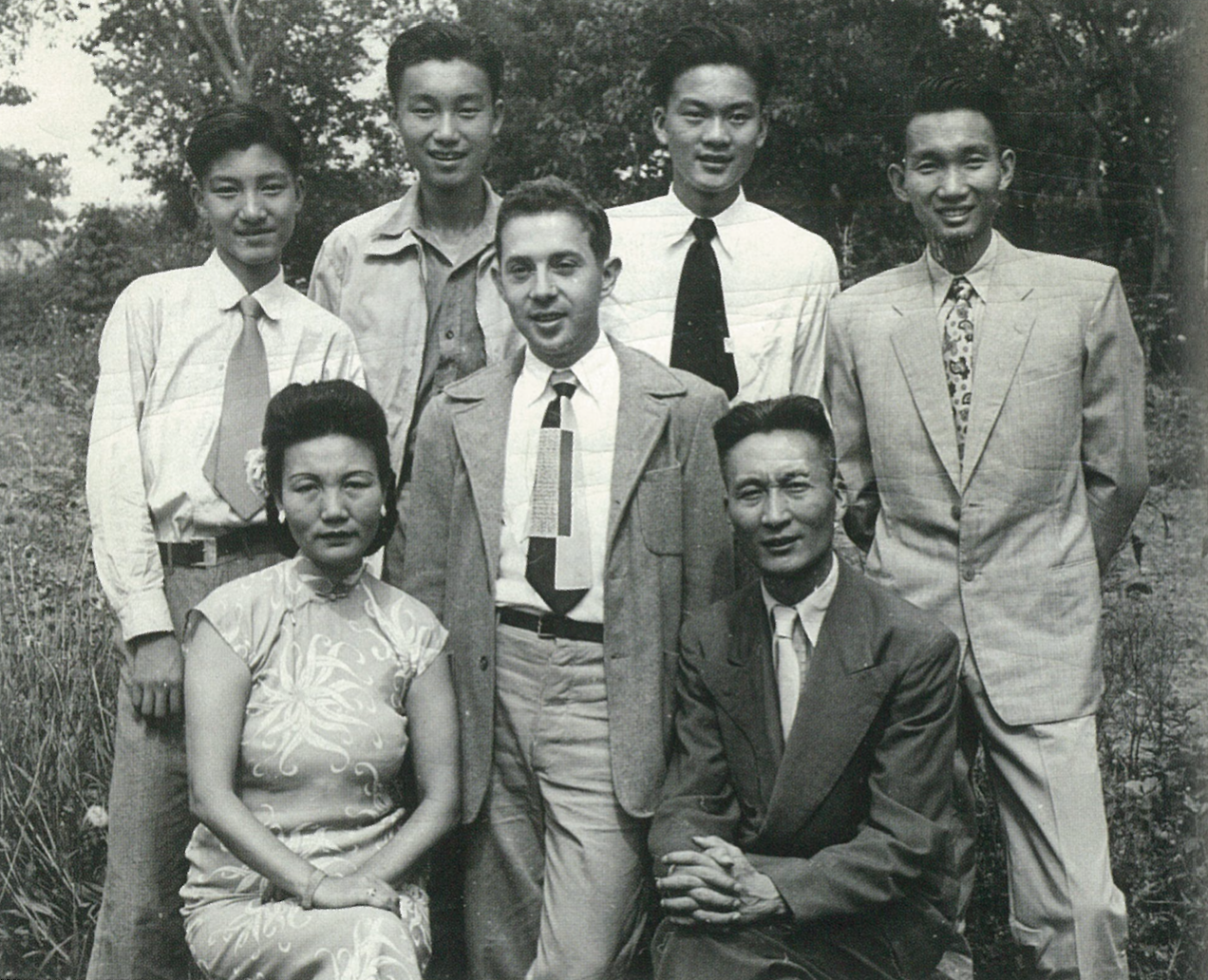 Fig.7. The author with the Sie (Hsieh, Xie) family with whom he ‘lived for almost four years in Nanking, 1946-1950, while a student at the University of Nanking.’ Seated in front, Mrs. Sie (Zhang Shaoliang) and Mr. Sie (Xie Xiang). From left to right standing at back: Willie 14, 5’ 8” (Xie Lie); John 18, 6’ 2” (Xie Ran); Paul 19, 6’ 3” (Xie Tao); Peter 23, 6’ 1” (Xie Jie). ‘Mrs. Sie came out the worst of the lot of us, cause she isn’t smiling. Not typical of her. (I think Willy was pinching John and had just been scolded for it by his mom, which explains those three expressions.) June 6, 1948.’ Passages in quotation marks and the heights and ages of the sons are taken from the author’s caption written on the back of the photograph. From the author’s papers.