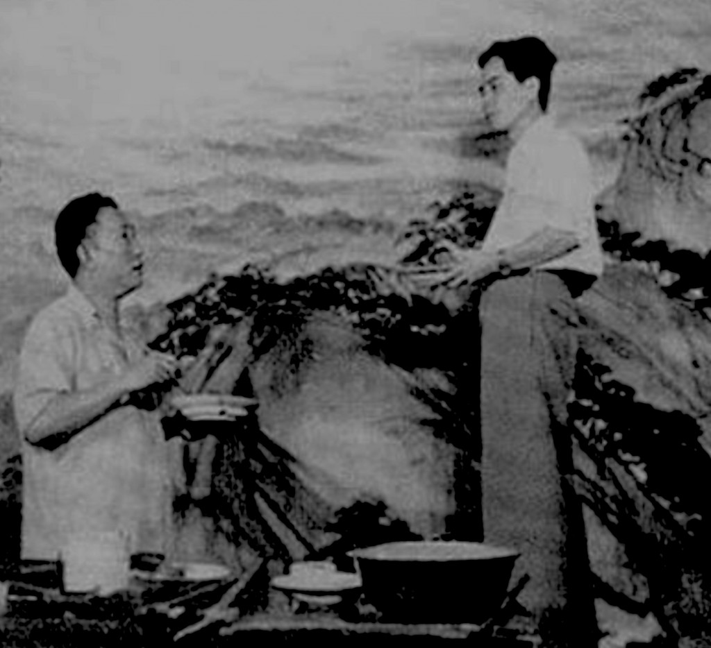 Fu Baoshi and Guan Shanyue working on the painting at the Great Hall of the People, Beijing, 1959