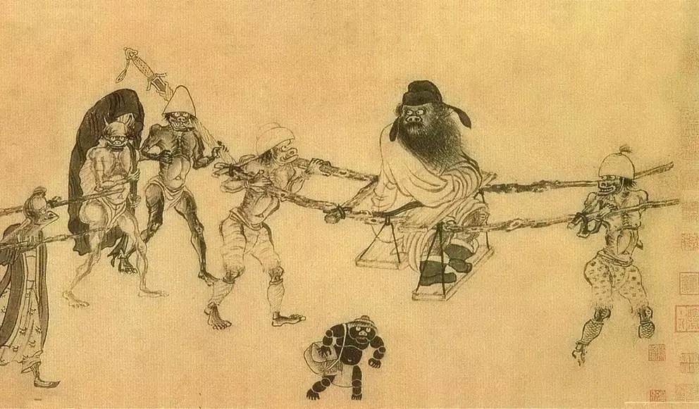 Zhong Kui and Entourage, by Gong Kai 龔開, a late-Song early Yuan artist. The Tang emperor Taizong was said to have been beset by illness and, during his dreams one night, he saw a fierce figure, Zhong Kui 鍾馗, who dispelled the evil spirits who had beset the emperor. On the morning all trace of affliction had disappeared. Ever since people have put up images of The Devil Dispelling Zhong Kui 鍾馗驅魔 in the days leading up to New Year's Eve to vanquish the malign influences of the past year. 